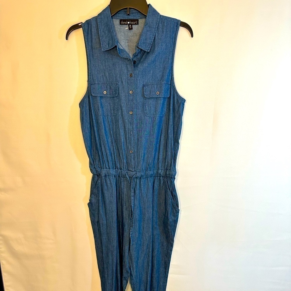 Derek Heart Jumper Jumpsuit Romper Sz M Sleeveless Blue Chambray Denim Collared - Picture 11 of 12